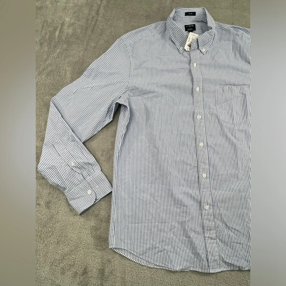 NEW J Crew L Slim Flex Washed Men's Blue White Striped Classic Long Sleeve Shirt